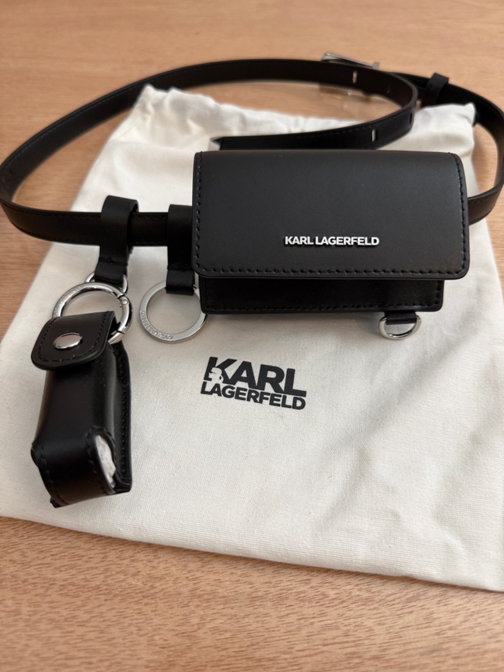 Karl Lagerfeld Black Leather Belt Bag with Logo & Wallet